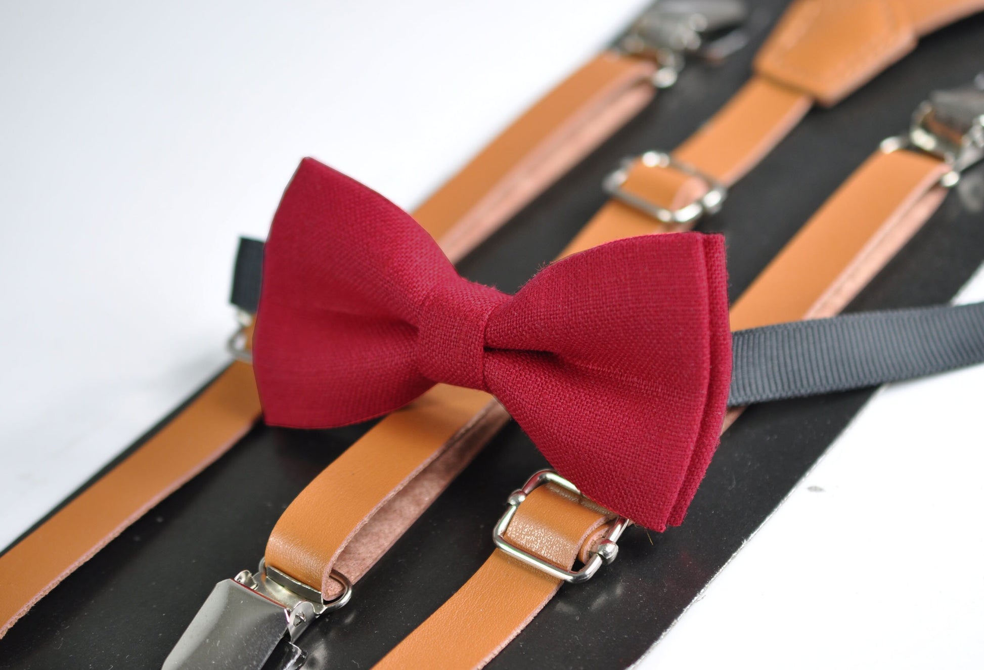 Cherry Ruby Blood Red Linen Bow tie + Tan Brown Faux Leather Suspenders Braces for Baby infant Toddler / Kids Boy / Youth Teenage / Men Ault