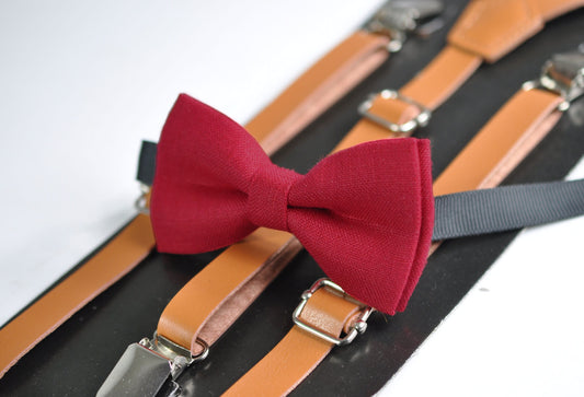 Cherry Ruby Blood Red Linen Bow tie + Tan Brown Faux Leather Suspenders Braces for Baby infant Toddler / Kids Boy / Youth Teenage / Men Ault