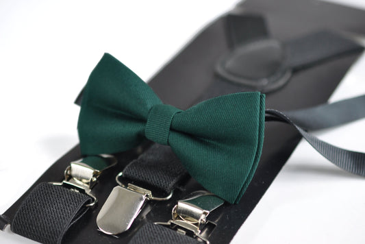 Dark Emerald Green Bottle Green Pretied Cotton Bow tie + Black Elastic Suspenders for Baby infant toddler / Kids Boy / Youth Teenage / Men