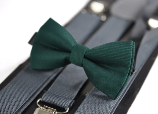 Dark Emerald Green Bottle Green Cotton Bow tie + Grey Gray Elastic Suspenders Braces for Baby infant Toddler/ Kids Boy / Youth Teenage / Men
