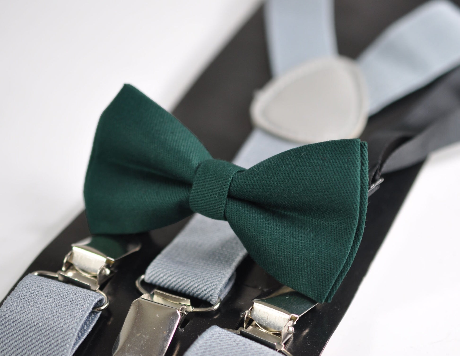 Dark Emerald Green Bottle Green Cotton Bow tie + Light Grey Gray Suspenders Braces for Baby infant Toddler/ Kids Boy / Youth Teenage / Men