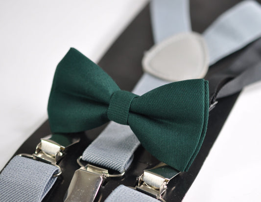 Dark Emerald Green Bottle Green Cotton Bow tie + Light Grey Gray Suspenders Braces for Baby infant Toddler/ Kids Boy / Youth Teenage / Men