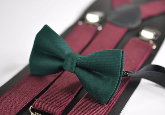 Dark Emerald Green Bottle Green Bow tie + Burgundy Wine Dark Red Suspenders Braces for Baby infant Toddler/ Kids Boy / Youth Teenage / Men