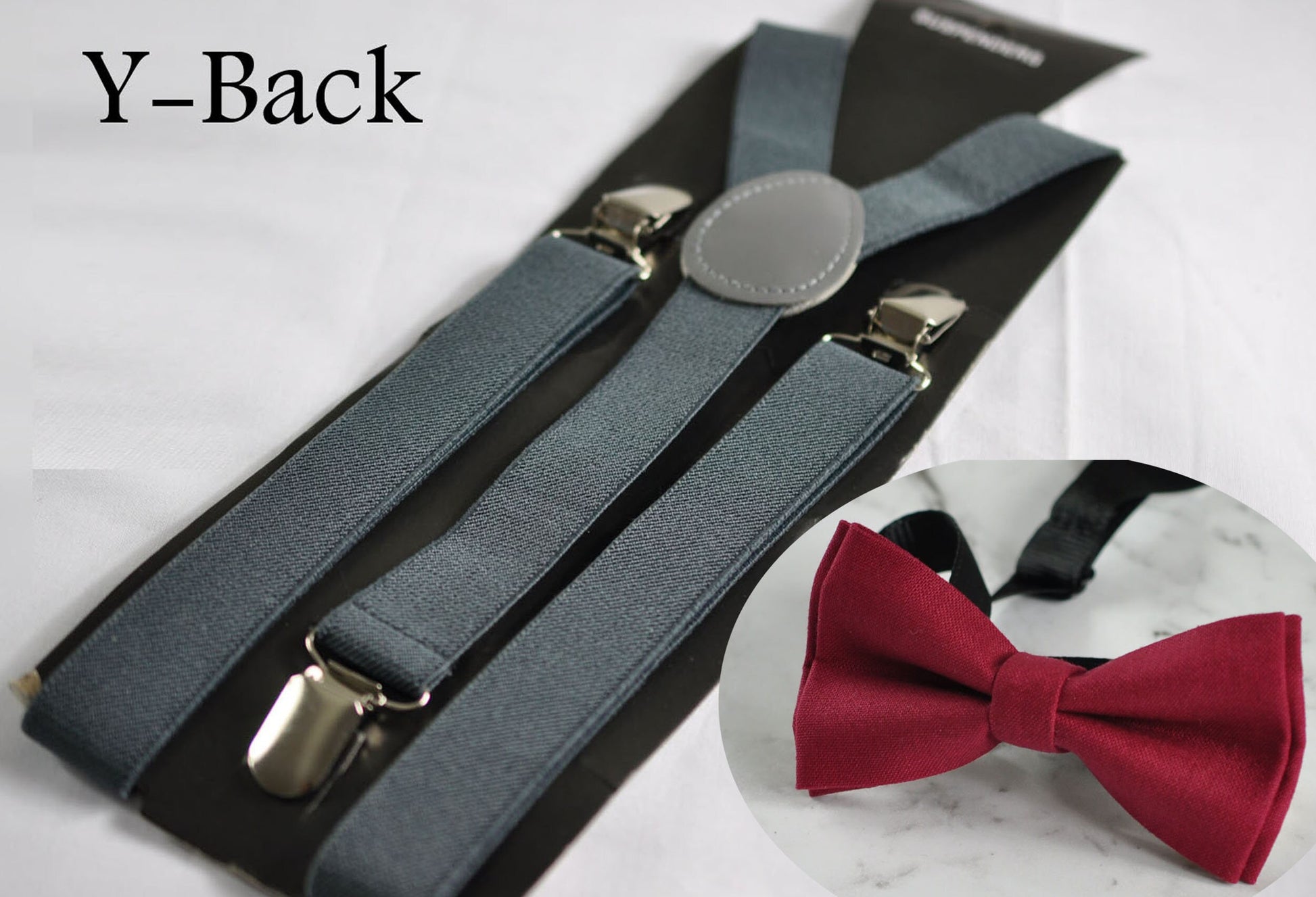 Rumba Red Wine Red Cotton Bow tie + Grey Gray Elastic Suspenders Braces for Baby Infant / Boy Kids / Youth Teenage / Adult