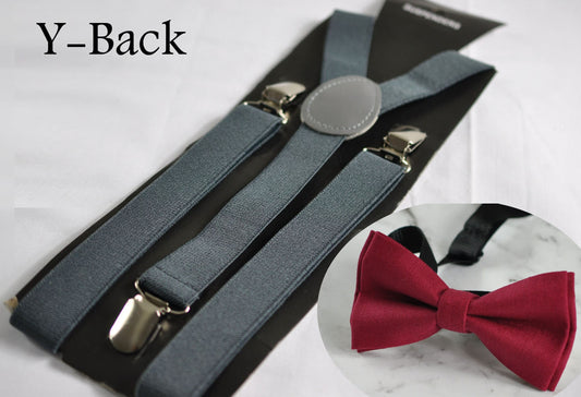 Rumba Red Wine Red Cotton Bow tie + Grey Gray Elastic Suspenders Braces for Baby Infant / Boy Kids / Youth Teenage / Adult