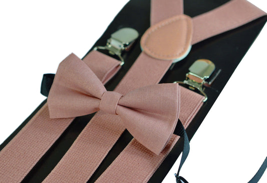 Warm Dusty Pink Cotton Pretied Bow tie Bowtie + Matched Elastic Adjustable Braces Suspenders for Baby Infant /Toddler Boy Kids / Youth / Men