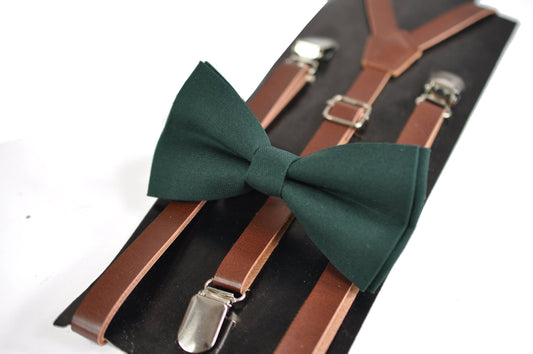 Dark Emerald Green Bottle Green Pretied Cotton Bow tie + Brown Faux Leather Suspenders for Baby infant toddler / Kids Boy / Youth Teenage
