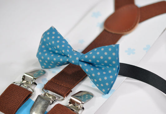 Spots & Stripes Dots Pattern Duck Egg Light Blue Bow tie + Brown Elastic Braces Suspenders for Baby infant / Page Boy Kids / Youth