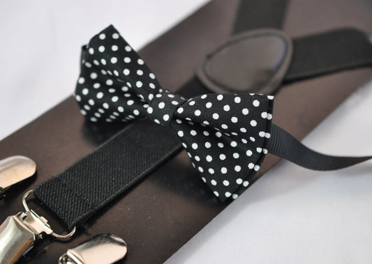 Black White Spots & Stripes DOTS Pattern Cotton Bow Tie + Black Elastic Suspenders Braces for Baby Infant / Boy Kids / Youth Teenage / Adult