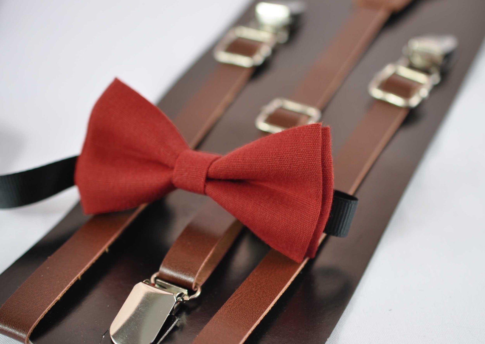 Ginger Brownish Red / Orange Linen Bow tie + Brown Faux Leather Suspenders Braces for Baby infant / Kids Boy / Youth Teenage / Men Adult