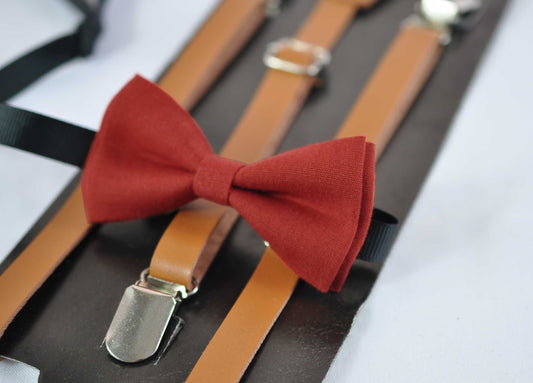 Ginger Brownish Red / Orange Linen Bow tie + TAN Faux Leather Suspenders Braces for Baby infant / Kids Boy / Youth Teenage / Men Adult