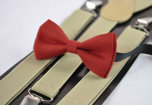 Ginger Brownish Red / Orange Linen Bow tie + Khaki Light Brown Elastic Suspenders Braces Baby infant / Kids Boy / Youth Teenage / Men Adult