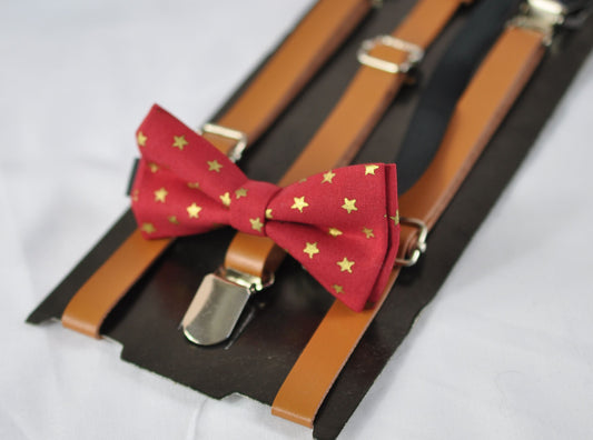 Gold Stars Red Xmas Christmas cotton Bow tie + Brown Tan Faux Leather Suspenders Braces Baby Infant / Boy Kids / Youth Teenage / Men Adult