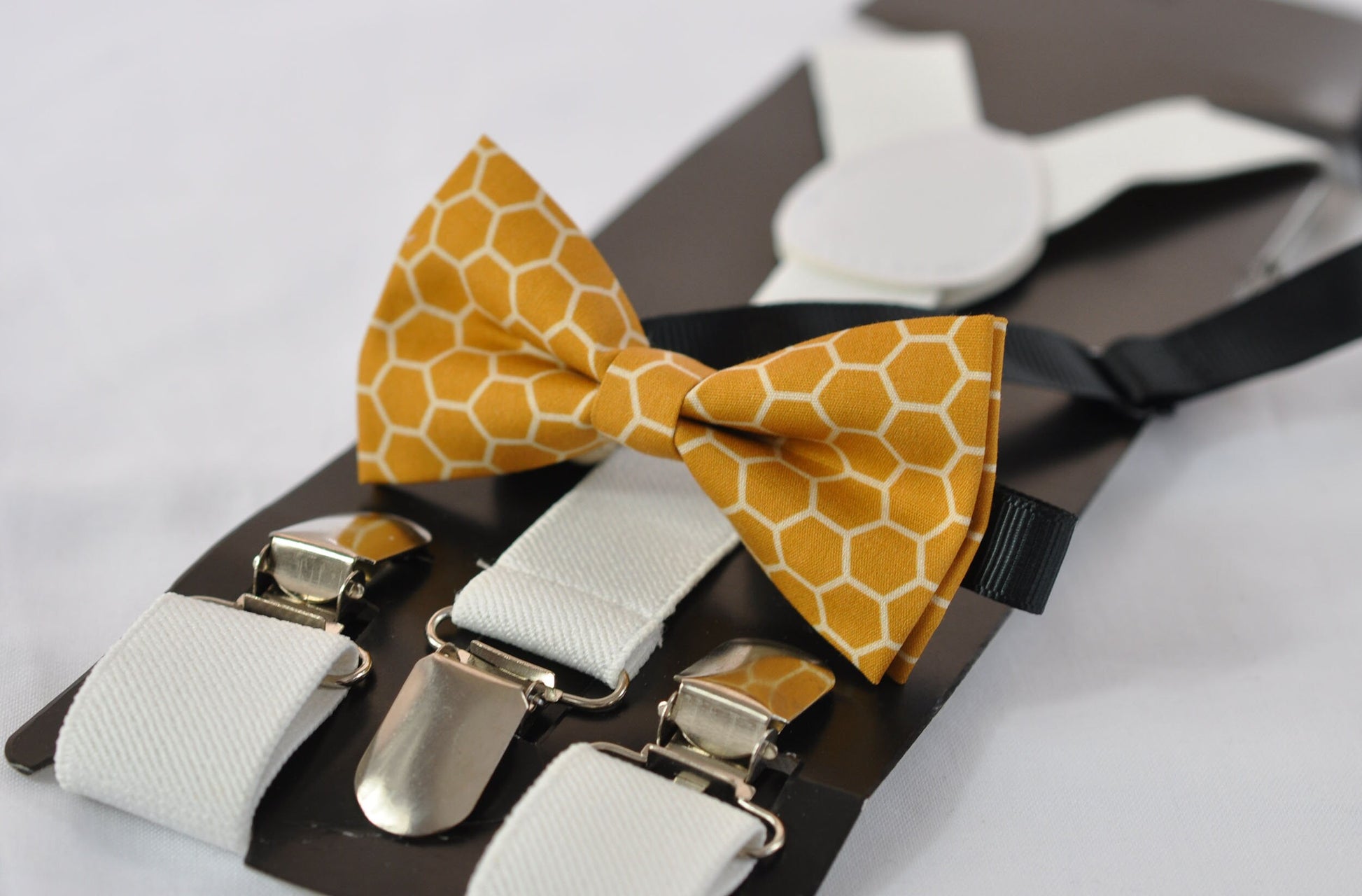 Yellow Bees Honeycomb Honey Comb Print Cotton Bow tie + White Elastic Suspenders Braces for Baby infant / Boy Kids / Youth Teenage / Men