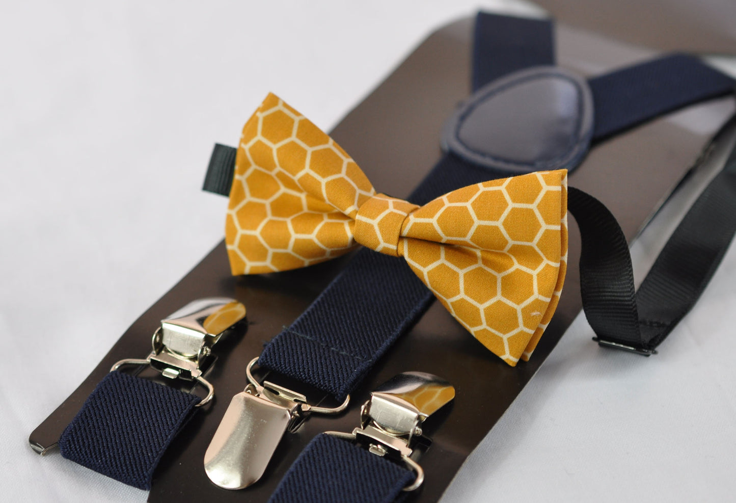 Yellow Bees Honeycomb Honey Comb Print Cotton Bow tie + Navy Blue Elastic Suspenders Braces for Baby infant / Boy Kids / Youth Teenage / Men