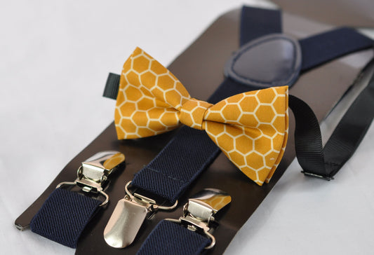 Yellow Bees Honeycomb Honey Comb Print Cotton Bow tie + Navy Blue Elastic Suspenders Braces for Baby infant / Boy Kids / Youth Teenage / Men