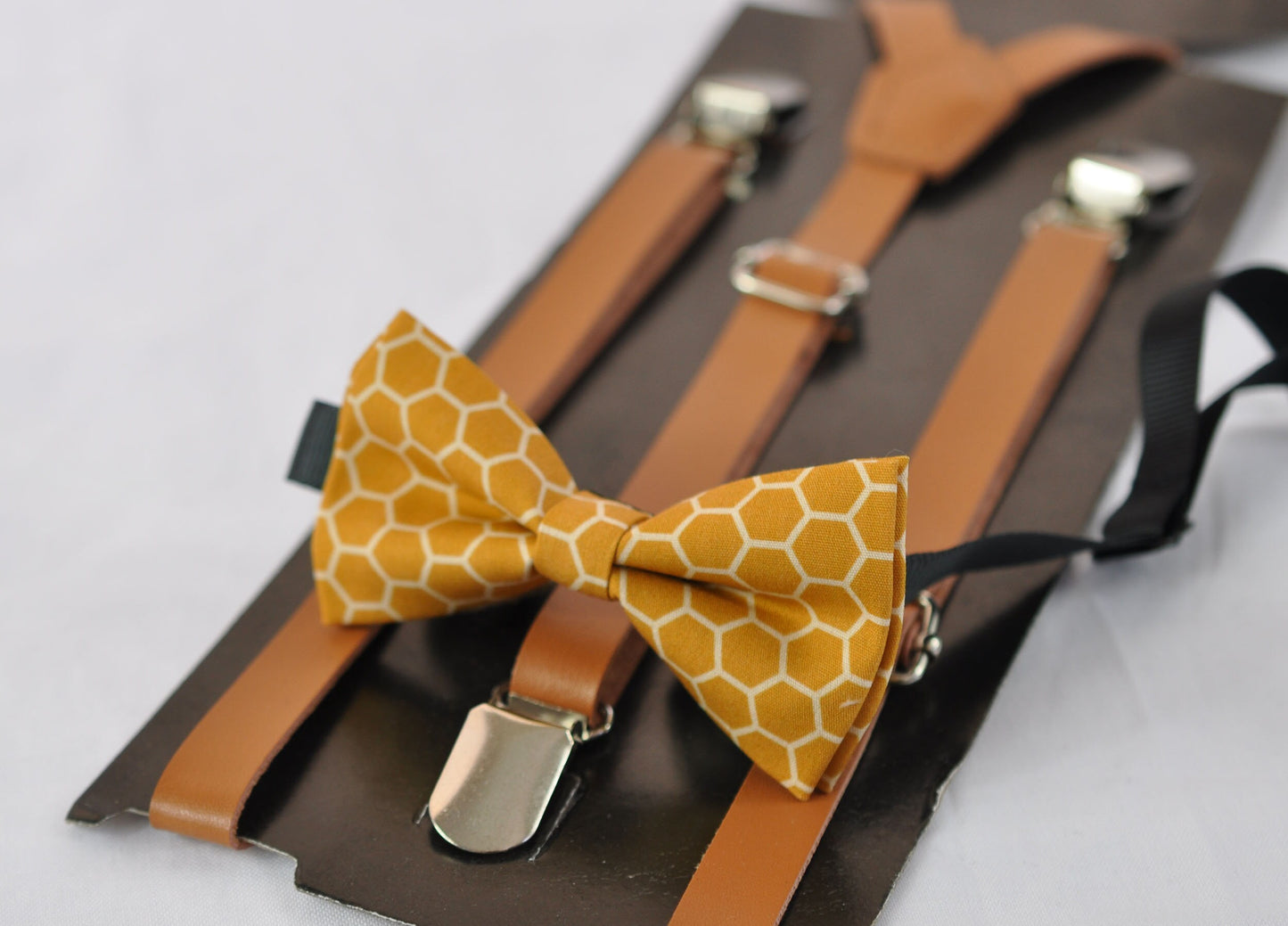 Yellow Bees Honeycomb Honey Comb Cotton Bow tie + Tan Brown Faux Leather Suspenders Braces for Baby infant / Boy Kids / Youth Teenage / Men