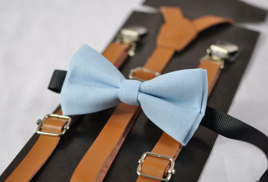Boy Blue Light Blue Pale Blue Cotton Bow tie + Tan Brown Faux Leather Suspenders Braces for Baby infant / Boy Kids / Youth Teenage / Men
