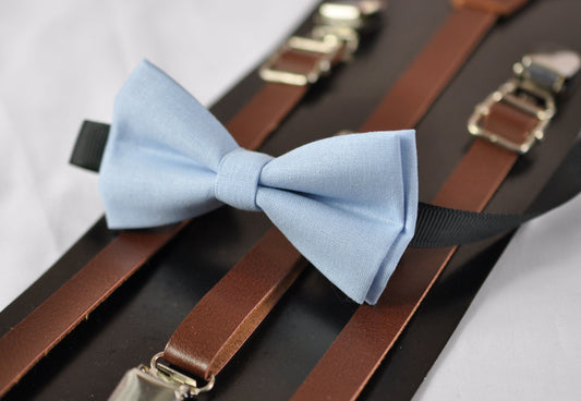 Boy Blue Light Blue Pale Blue Cotton Bow tie + Brown Faux Leather Suspenders Braces for Baby infant toddler/ Boy Kids / Youth Teenage / Men