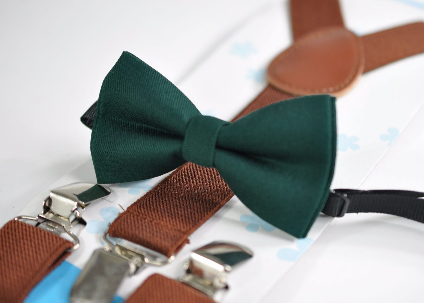 Dark Emerald Green Bottle Green Cotton Bow tie + BROWN Elastic Suspenders Braces for Baby infant Toddler/ Kids Boy / Youth Teenage / Men