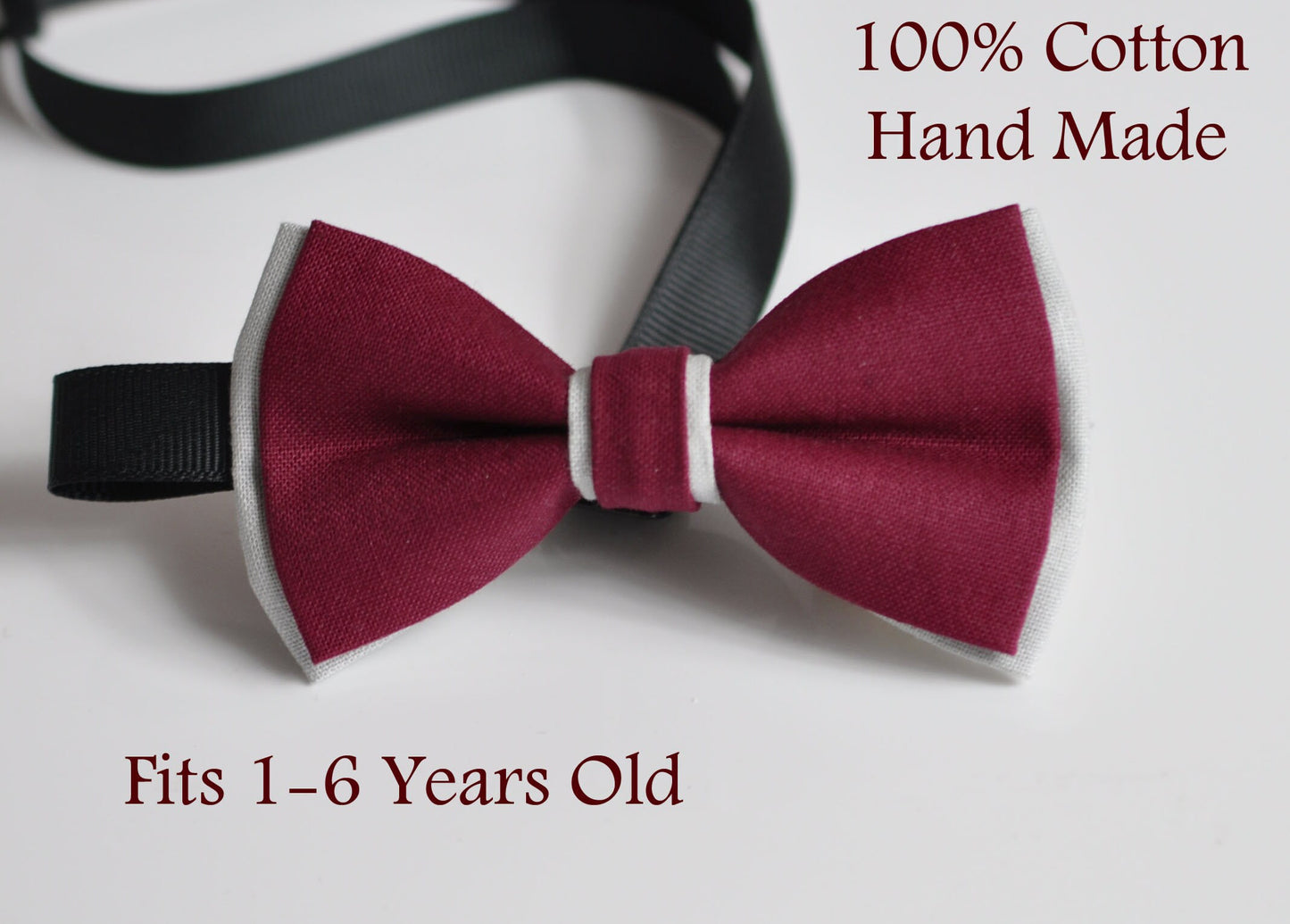 Baby Boy Kids 100% Cotton Handmade Burgundy Red Wine Red Rumba Red AND Grey 2 Layers Bow Tie Bowtie Party Wedding Fits 1-6 YEARS OLD