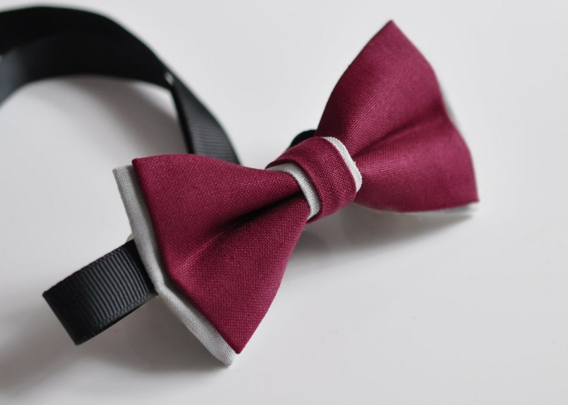 Baby Boy Kids 100% Cotton Handmade Burgundy Red Wine Red Rumba Red AND Grey 2 Layers Bow Tie Bowtie Party Wedding Fits 1-6 YEARS OLD