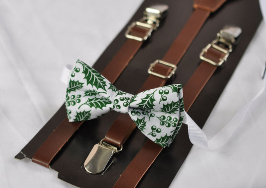 White Green Maple Leaf Leaves Xmas Christmas Bow tie + Brown Faux Leather Suspenders Braces Men / Youth Teenage / Boy Kids / Baby Infant