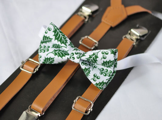 White Green Maple Leaf Leaves Xmas Christmas Bow tie + TAN Brown Faux Leather Suspenders Braces Men / Youth Teenage / Boy Kids / Baby Infant