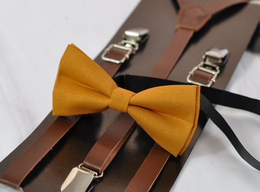 Mustard MARIGOLD butterscotch Cotton Bow tie + Brown Faux Leather Skinny Suspenders Braces Men / Youth Teenage / Boy Kids / Baby Infant