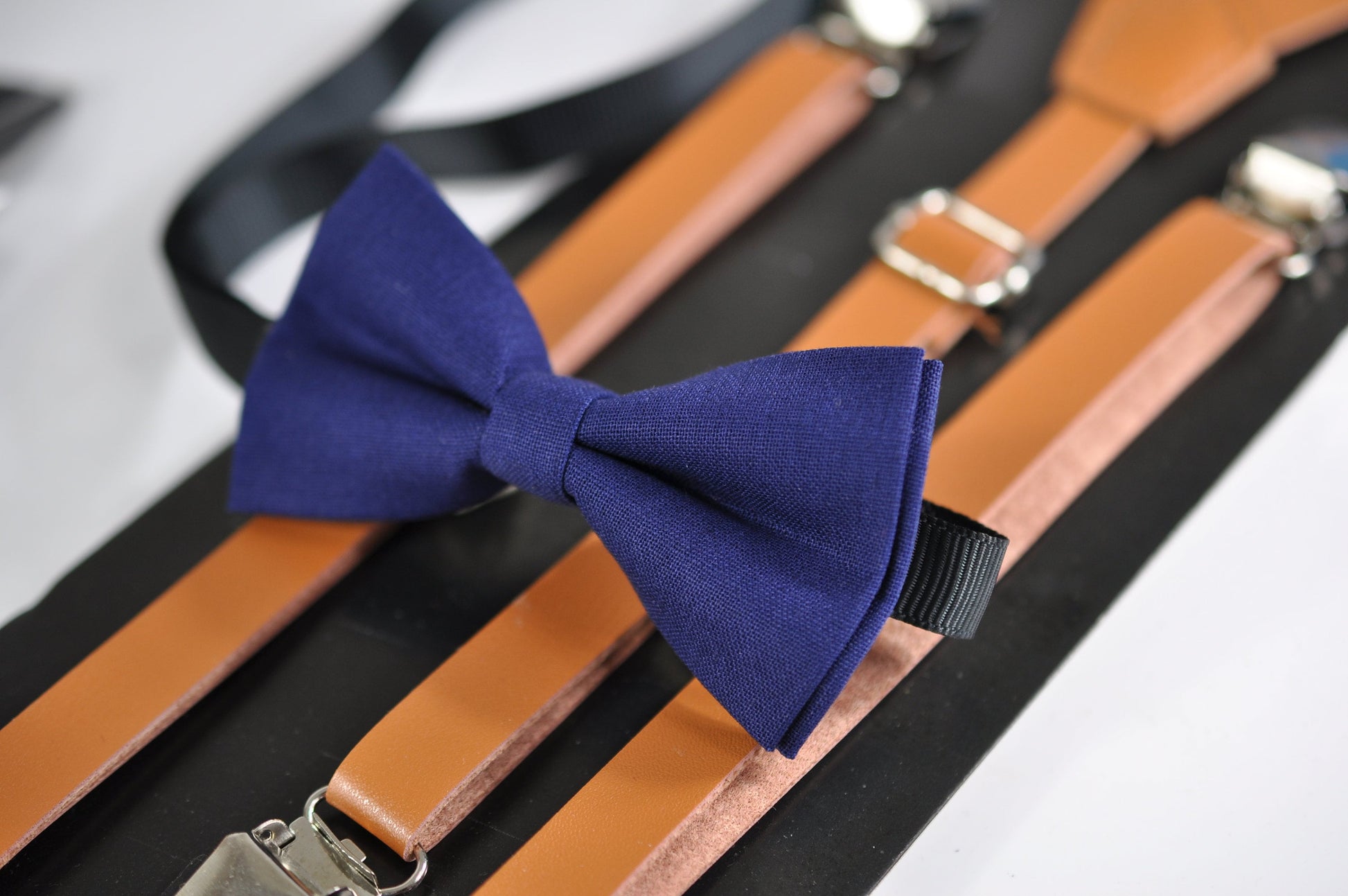 Brown Tan Faux Leather Skinny Adjustable Braces Suspenders + Cotton Navy Blue Bowtie Bow Ties FOR Baby infant / Kids Boy / Youth Teenage
