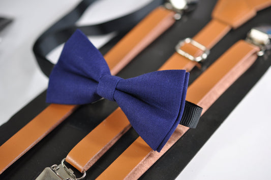 Brown Tan Faux Leather Skinny Adjustable Braces Suspenders + Cotton Navy Blue Bowtie Bow Ties FOR Baby infant / Kids Boy / Youth Teenage