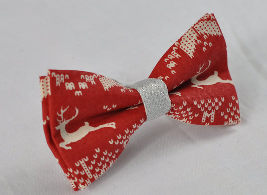 Xmas Christmas Elk Deer Red and Silver 100% Cotton Pretied Bow Tie for Men Adult / Youth Teenage / Boy Kids / Baby Infant Toddler