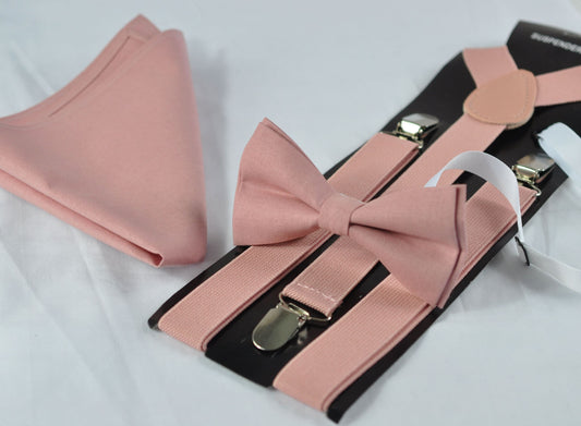 Warm Dusty Pink Cotton Bow tie + Matched Elastic Adjustable Braces Suspenders + POCKET SQUARE for Baby Infant / Boy Kids / Youth / Men