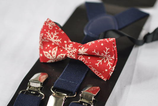 White Snowflake Red Christmas Xmas Cotton Bow tie + Navy Blue Elastic Suspenders Braces Baby infant / Kids Boy / Youth Teenage / Men Adult