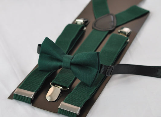 Dark Emerald Green Bottle Green COTTON Bow tie + Matched Elastic Suspenders Braces for Baby infant Toddler/ Kids Boy / Youth Teenage / Men