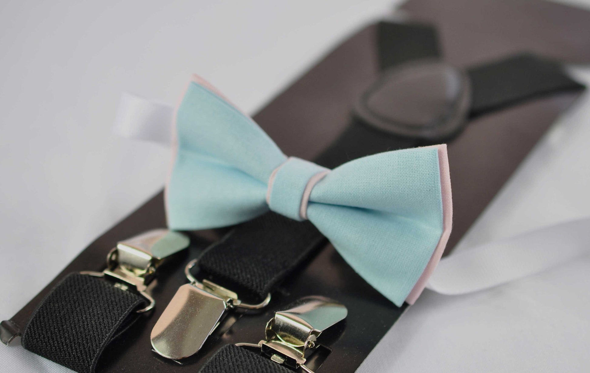 Baby blue Baby Pink 2 Layers cotton Bow tie + Black Elastic suspenders braces for Baby Infant / Boy Kids / Youth Teenage / Men Adult