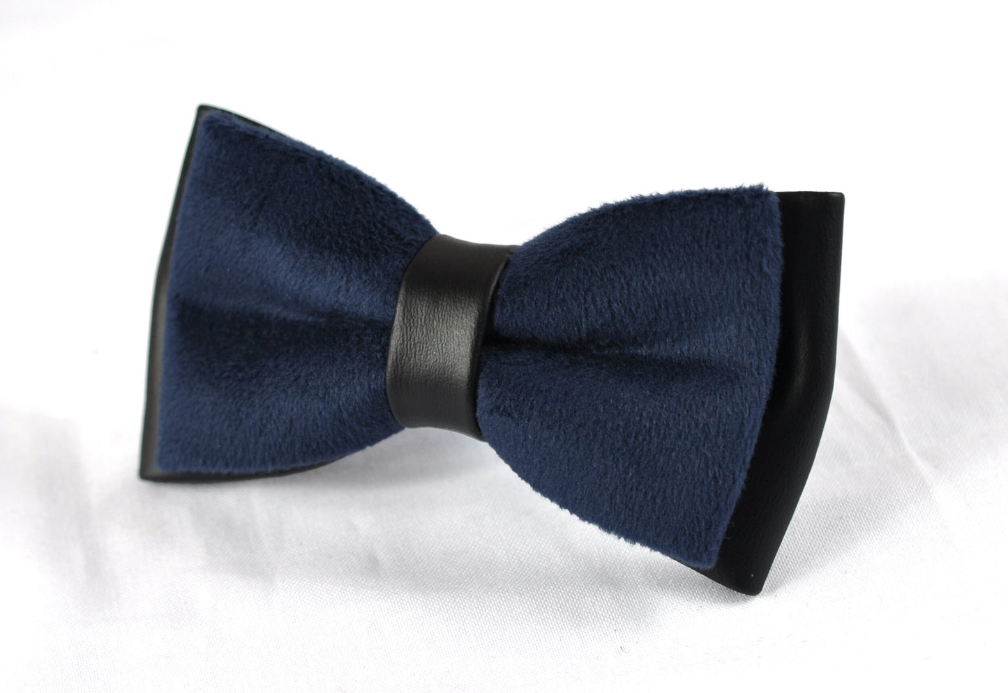 Navy blue velvet + Black Faux Leather 2 Layers Bow tie bowtie for Men Adult / Youth Teenage / Kids Boy / Infant Toddler Baby