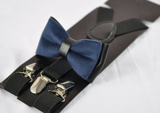 Navy Blue Velvet and Black Faux Leather 2 Layers Bow tie + Black Elastic Suspenders Braces for Baby infant Toddler / Boy Kids / Youth / Men