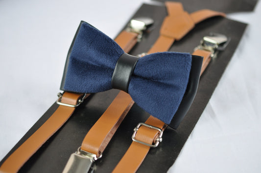 Navy Blue Velvet and Black Leather 2 Layers Bow tie + Tan Brown Faux Leather Suspenders Braces for Baby infant Toddler / Boy Kids / Youth