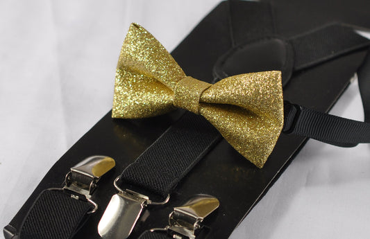 Gold Golden Shining Faux Leather Bow tie + BLACK Elastic Suspenders Braces for Baby infant Toddler / Kids boy / Youth Teenage / Men