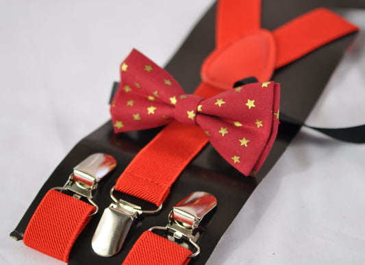 Gold Stars Red Xmas Christmas cotton Bow tie + Red Elastic Suspenders Braces for Baby Infant / Boy Kids / Youth Teenage / Men Adult