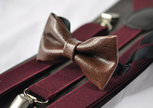 Dark Brown Coffee Faux Leather Bow tie + Burgundy Wine Red Elastic Suspenders Braces for Infant Baby / Boy Kids / Youth Teenage / Men Adult