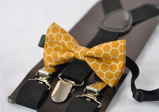 Yellow Bees Honeycomb Honey Comb Print Cotton Bow tie + Black Elastic Suspenders Braces for Baby infant / Boy Kids / Youth Teenage / Men