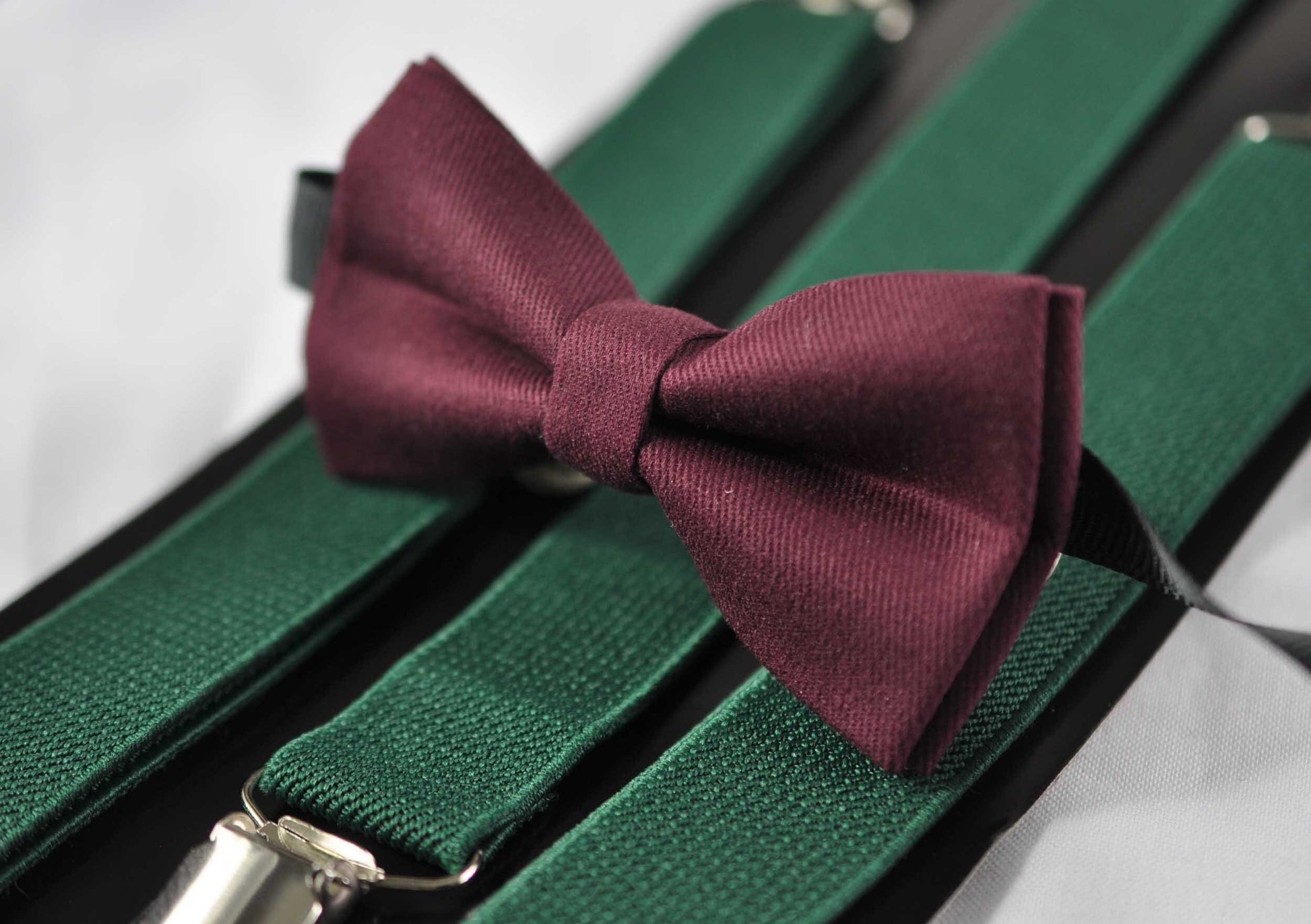 Burgundy Wine Red Cotton Bow tie + Emerald Green Elastic Suspenders Braces Set for Men Adult / Youth Teenage / Boy Kids / Baby Infant