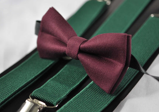 Burgundy Wine Red Cotton Bow tie + Emerald Green Elastic Suspenders Braces Set for Men Adult / Youth Teenage / Boy Kids / Baby Infant