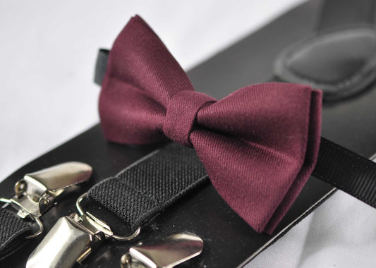 Burgundy Wine Red Cotton Bow tie + Black Elastic Suspenders Braces Set for Men Adult / Youth Teenage / Boy Kids / Baby Infant Toddler