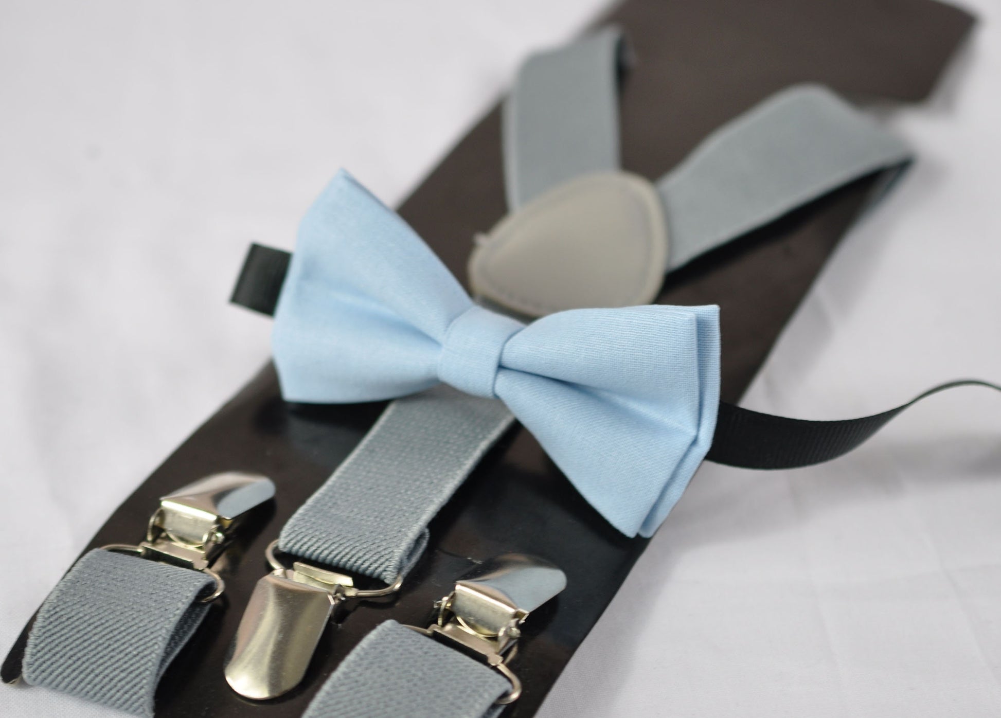 Boy Blue Light Blue Pale Blue Cotton Bow tie + Grey Gray Elastic Suspenders Braces for Baby infant / Boy Kids / Youth Teenage / Men