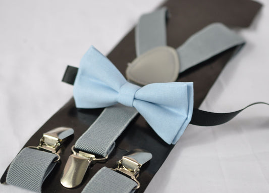 Boy Blue Light Blue Pale Blue Cotton Bow tie + Grey Gray Elastic Suspenders Braces for Baby infant / Boy Kids / Youth Teenage / Men