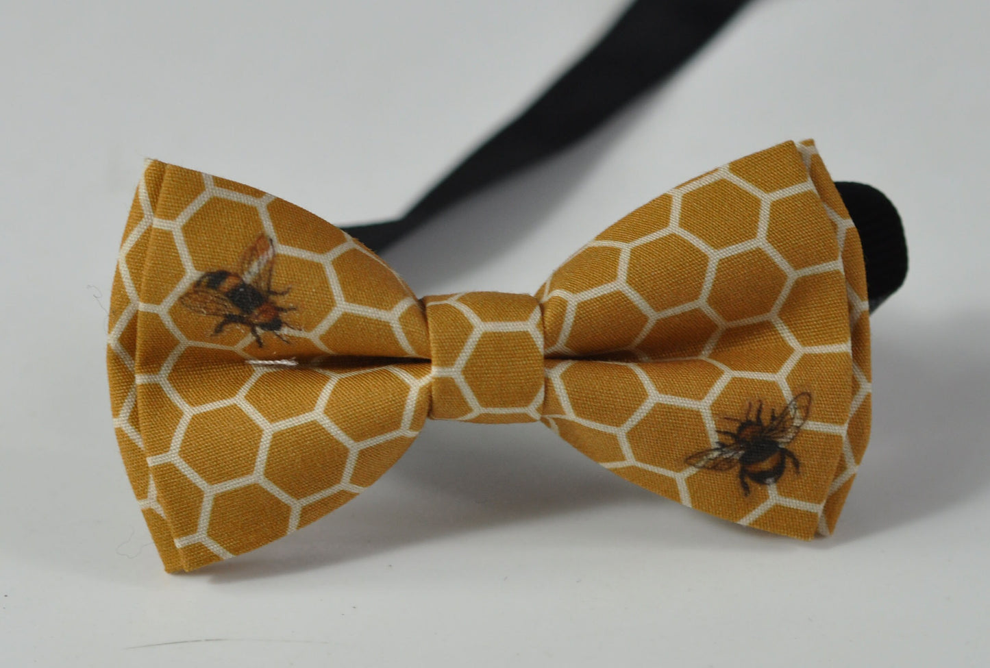 Yellow Honeycomb Honey Comb Bees Print Cotton Bow tie + Navy Blue Elastic Suspenders Braces for Baby infant Toddler / Boy Kids / Youth