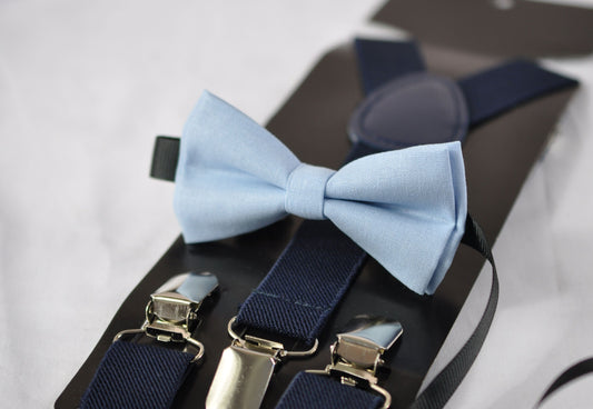 Boy Blue Light Blue Pale Blue Cotton Bow tie + Navy Blue Elastic Suspenders Braces for Baby infant / Boy Kids Toddler / Youth Teenage / Men